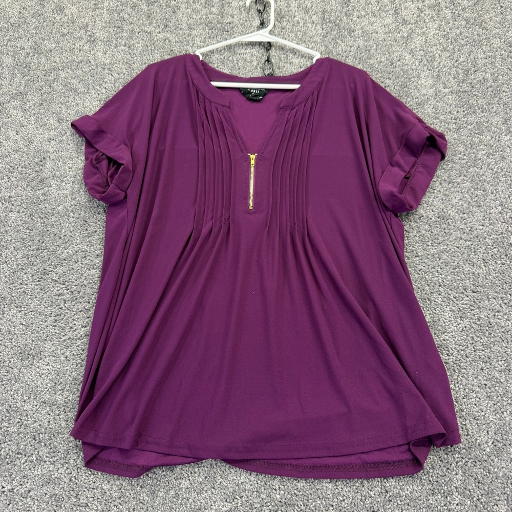 Flower & Feather Blouse Womens 2XL Purple Pleated Quarter Zip Short Sleeve Top